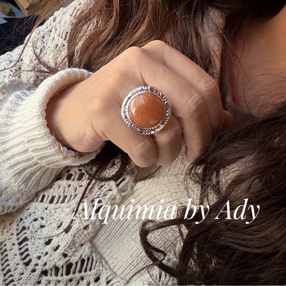 Chocolate Crnelian Agate Ring — Ornate Silver Bezel, Adjustable Rhodium Band